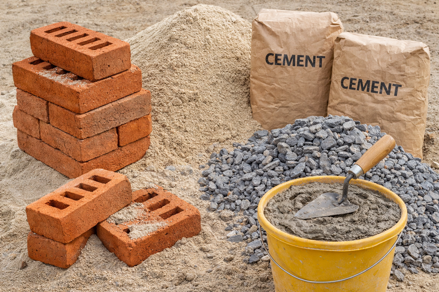 Construction materials bricks sand cement stones